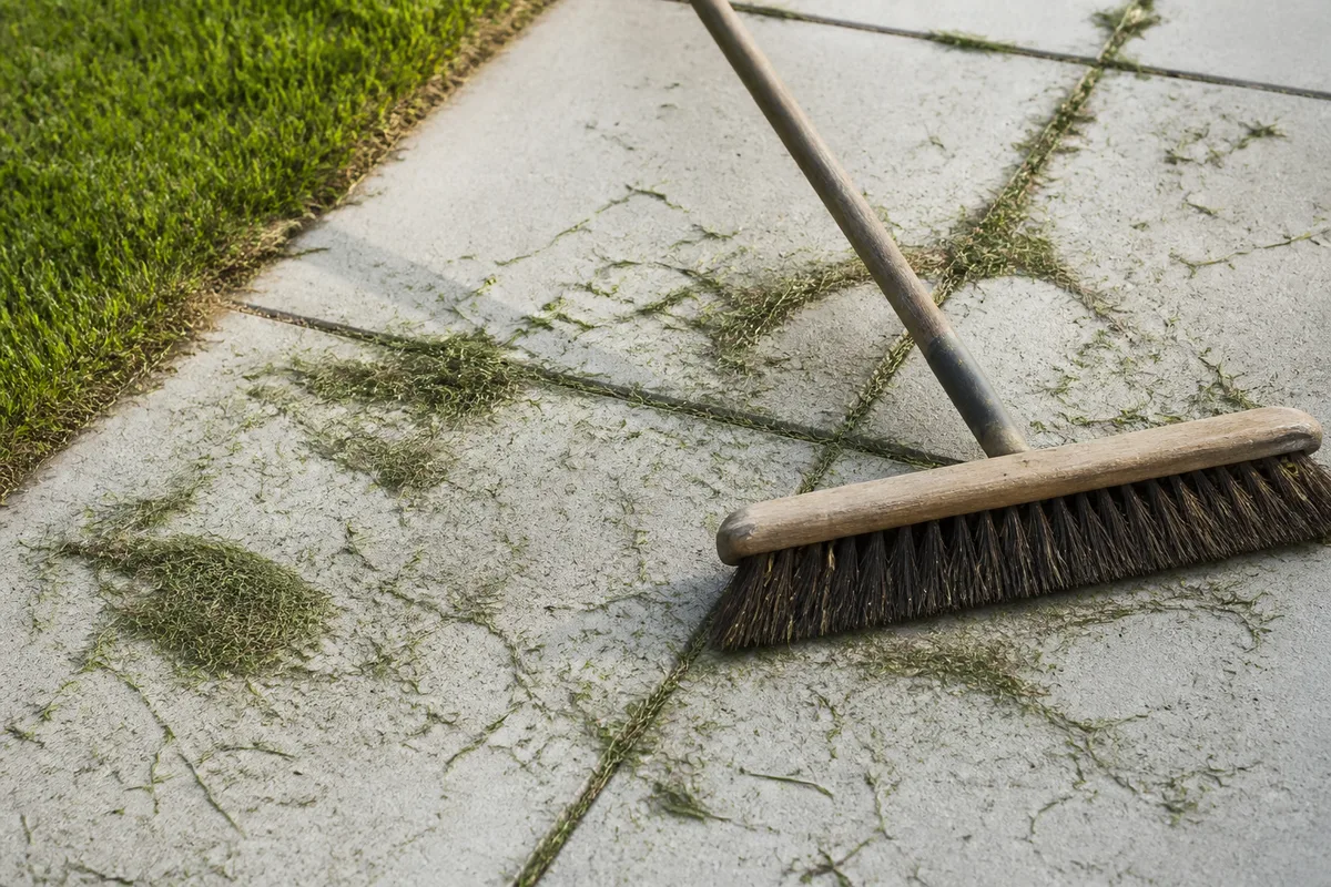 Allée de jardin en dalles bordée d’une pelouse fraîchement tondue