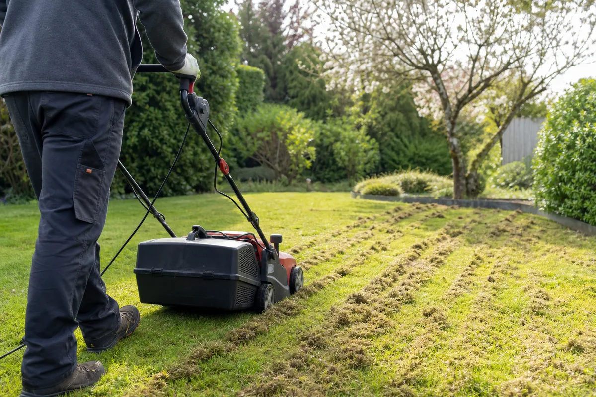 Scarificateur arrachant la mousse d’une pelouse au printemps