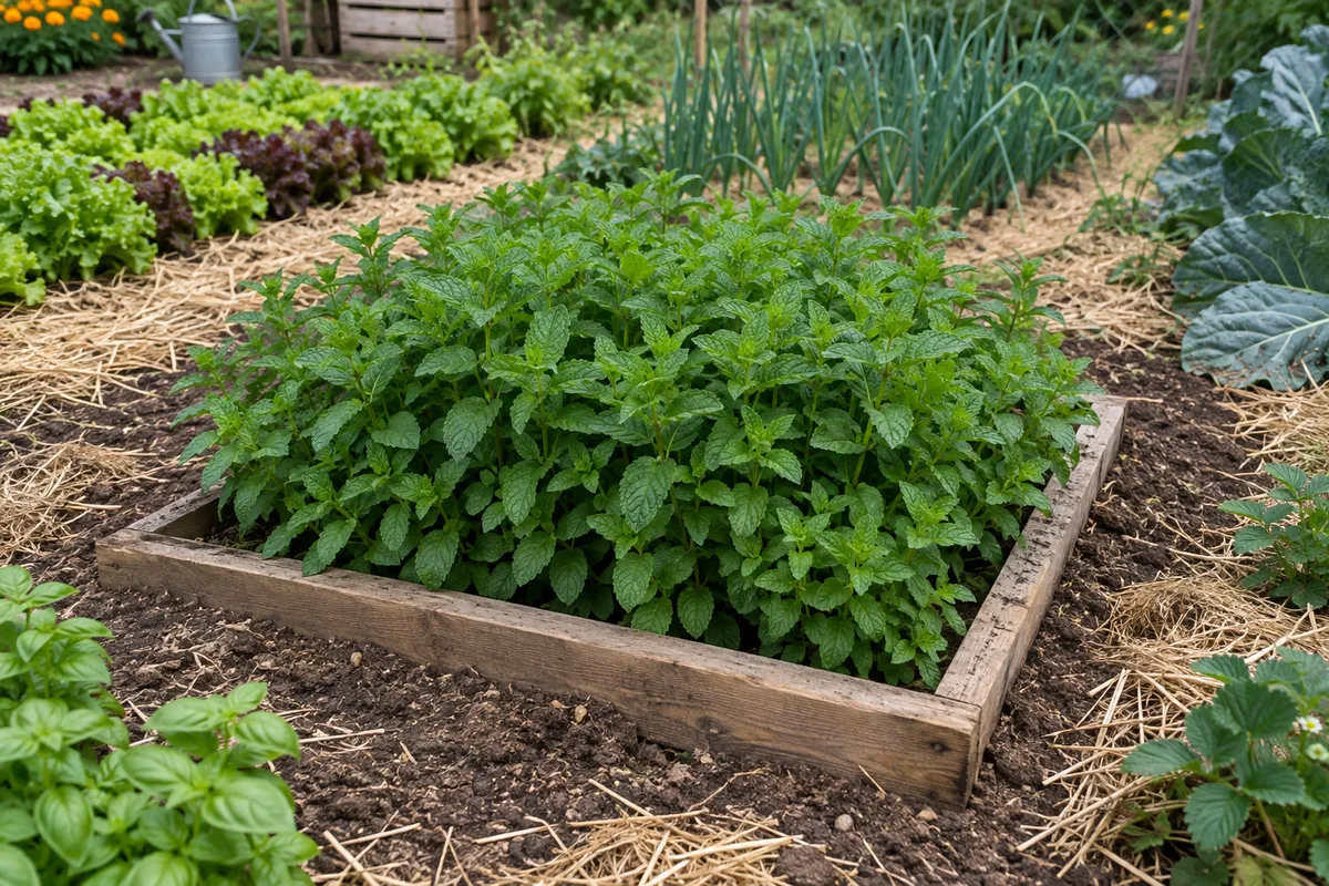 Bac en bois enterré délimitant un carré de menthe au potager