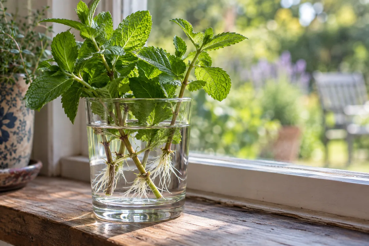 Boutures de menthe racinant dans un verre d’eau près d’une fenêtre