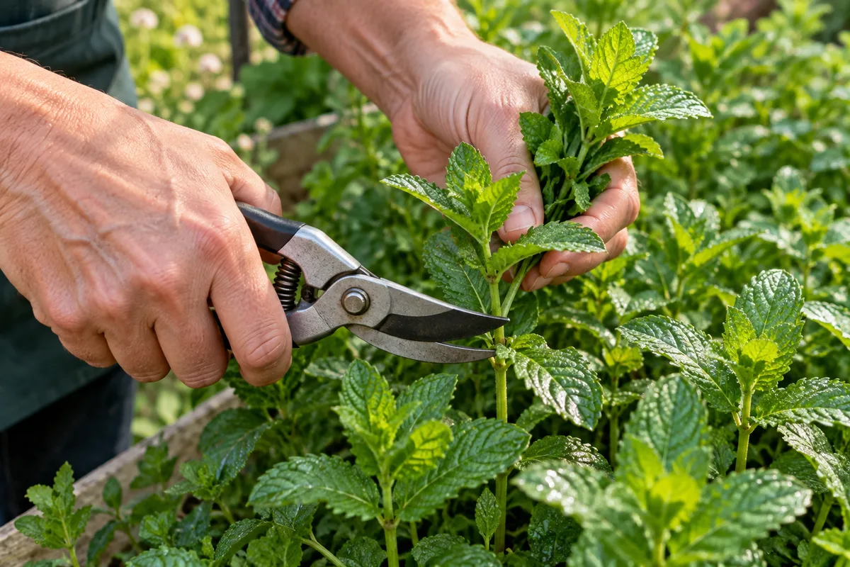 Mains coupant quelques tiges de menthe avec un sécateur