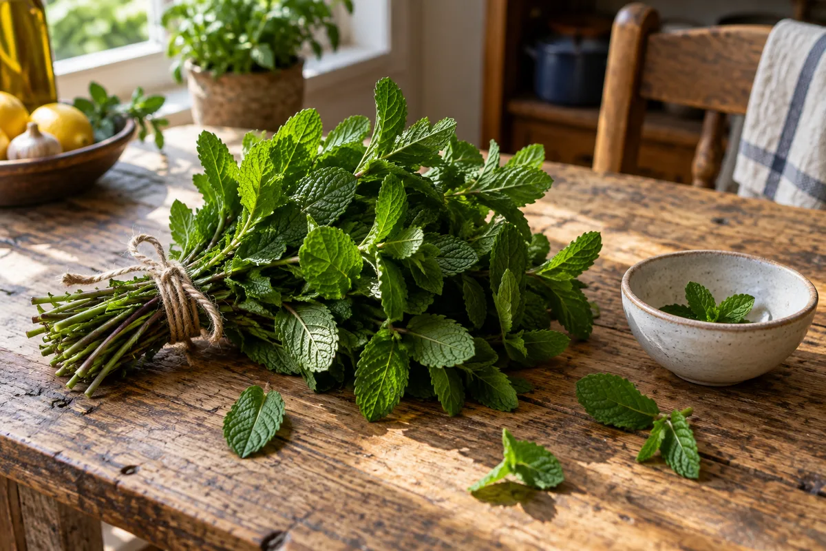 Bouquet de menthe fraîche sur une table de cuisine en bois