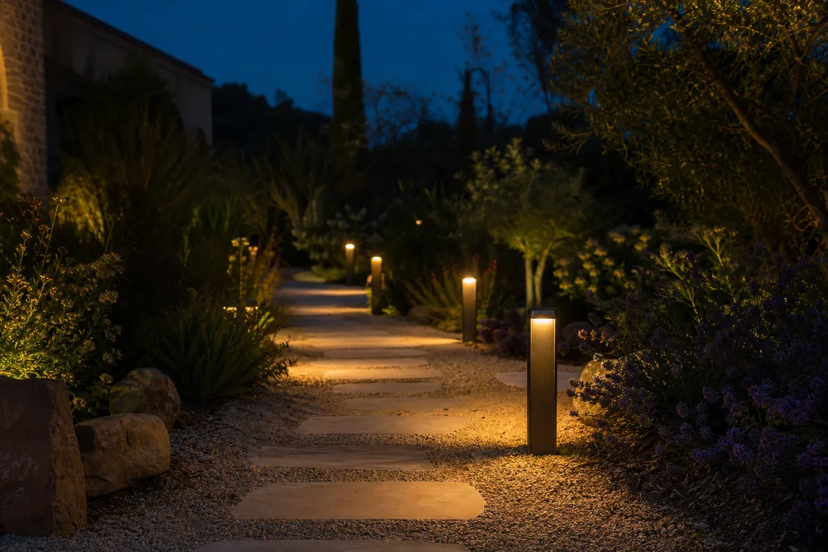 Allée de jardin éclairée par des bornes solaires à la tombée du soir
