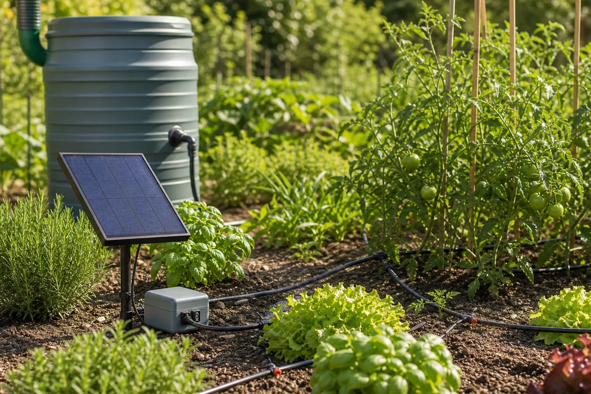 Kit d’arrosage solaire avec panneau et pompe reliés à une cuve de récupération d’eau