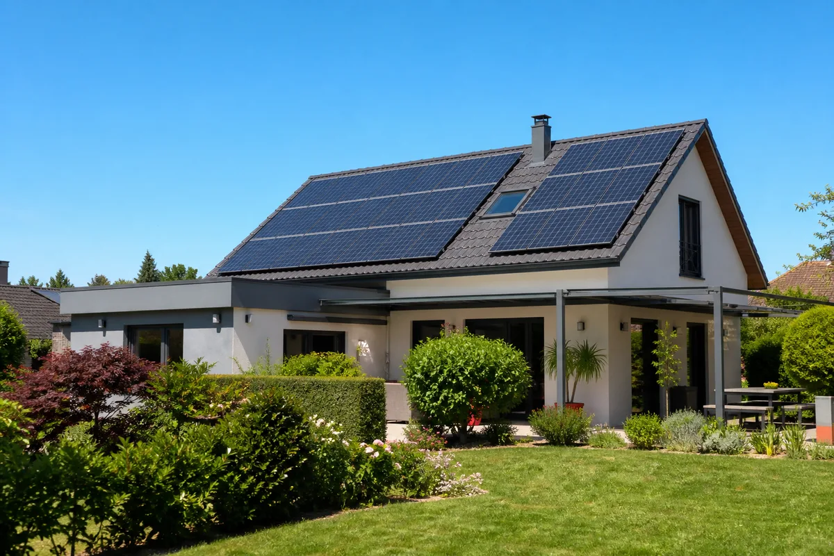 Panneaux photovoltaïques posés sur le toit d’une maison individuelle entourée de verdure
