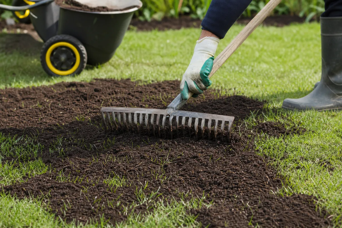 Épandage de compost mûr sur une pelouse pour la fertiliser sans engrais chimique