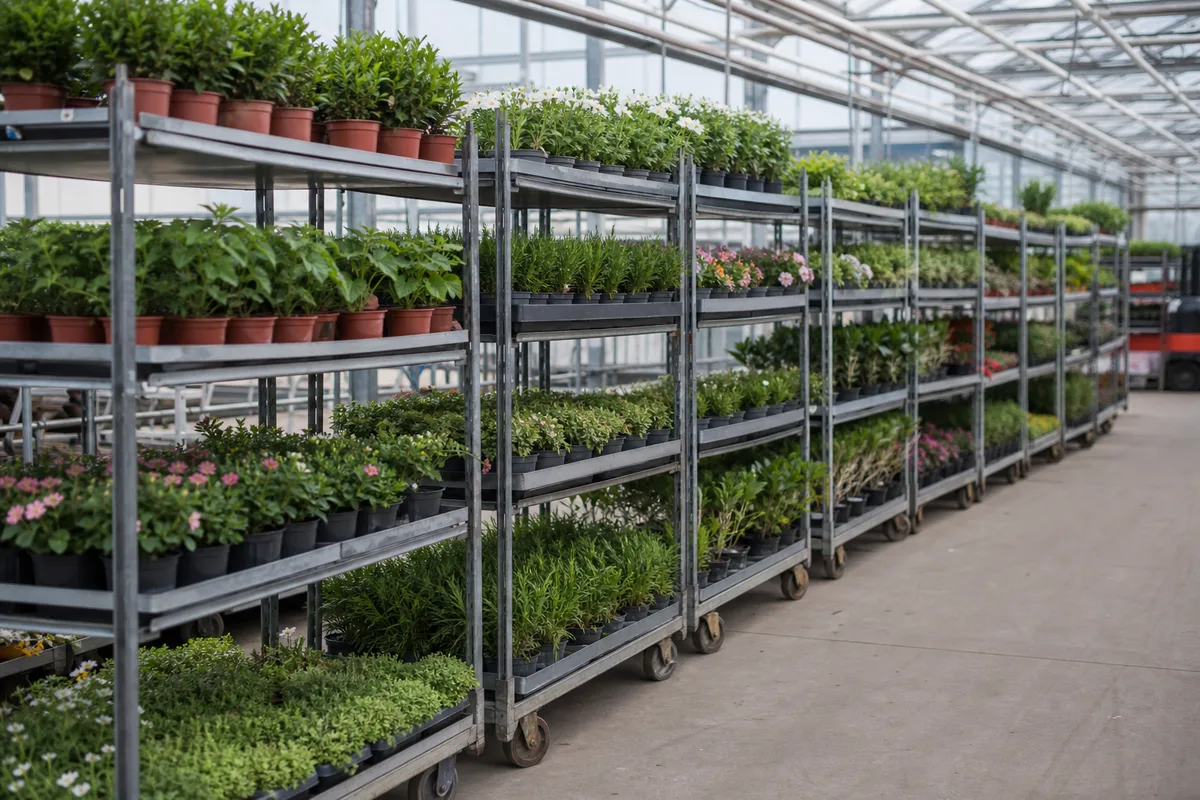 Rolls danois chargés de plantes en pot alignés dans une serre de production