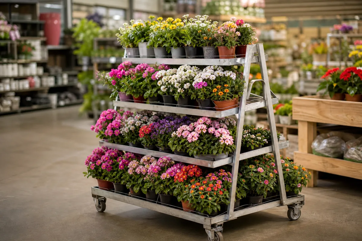 Étagères inclinées d’un chariot danois présentant des fleurs en jardinerie