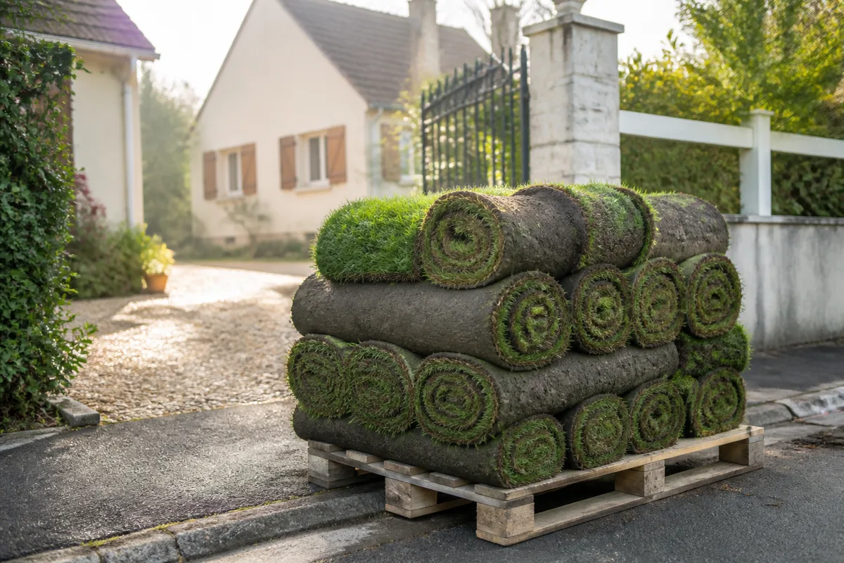 Rouleaux de gazon naturel empilés sur une palette de livraison