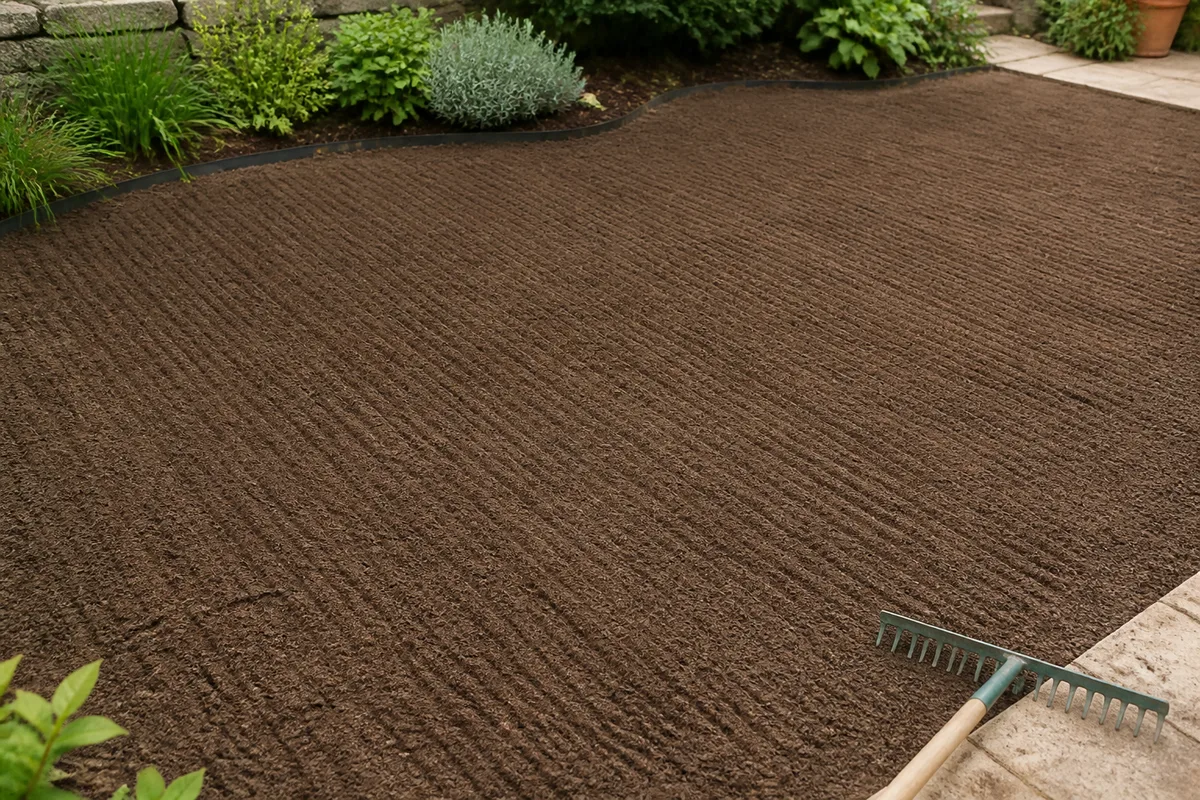 Terrain de jardin nivelé et préparé avant la pose des plaques de gazon