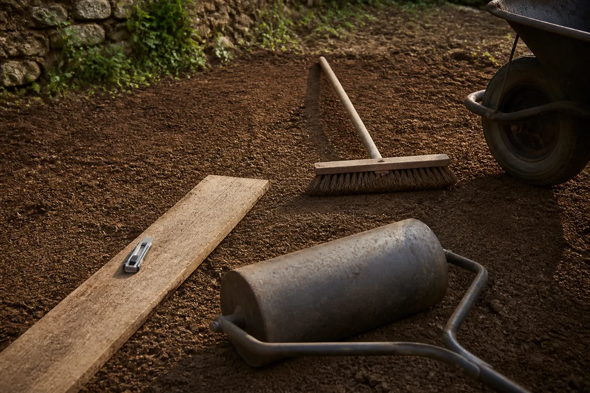 Outils de jardin posés au sol pour la pose de gazon en rouleau, couteau, planche et rouleau lesté