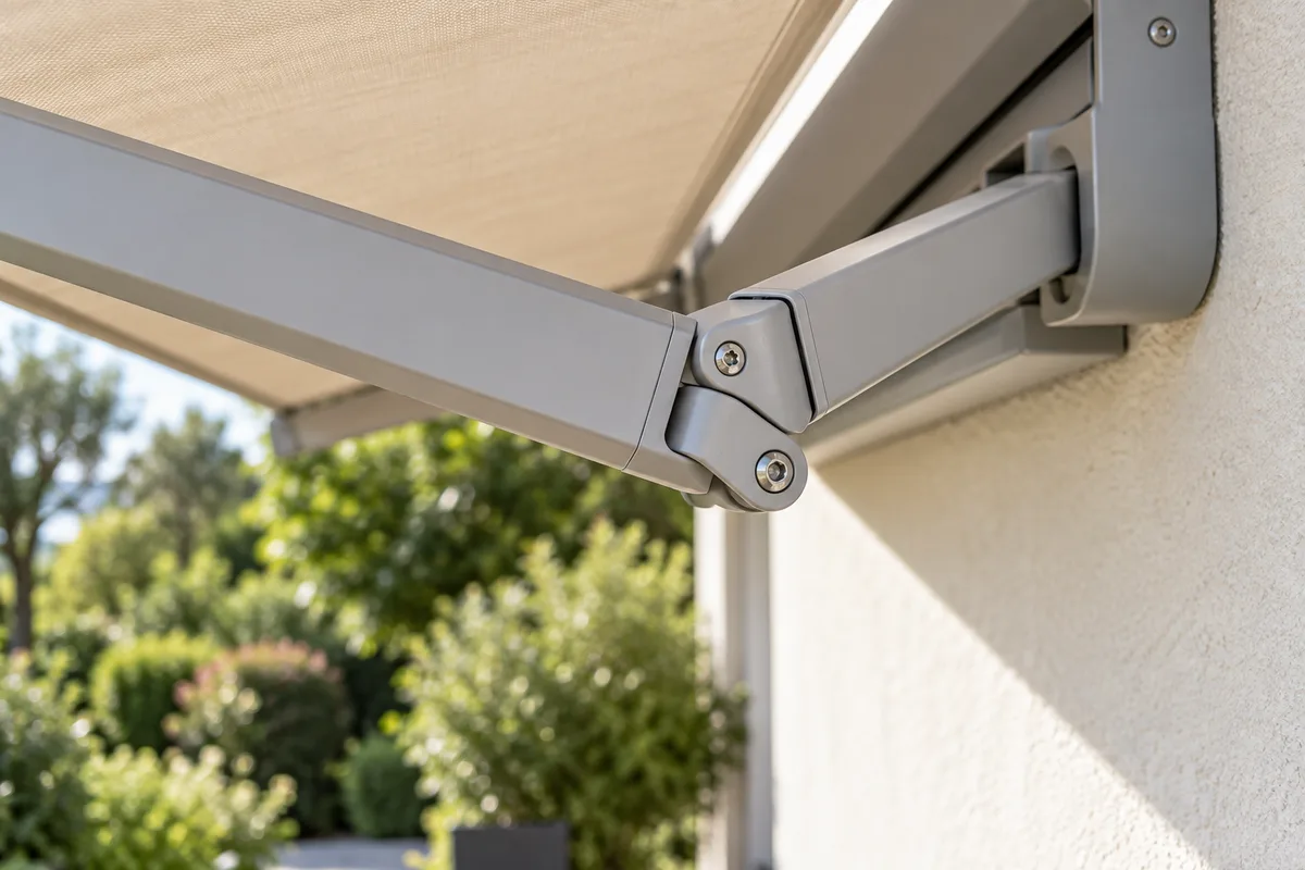 Bras articulé de store banne en aluminium fixé sous un coffre, vu en détail