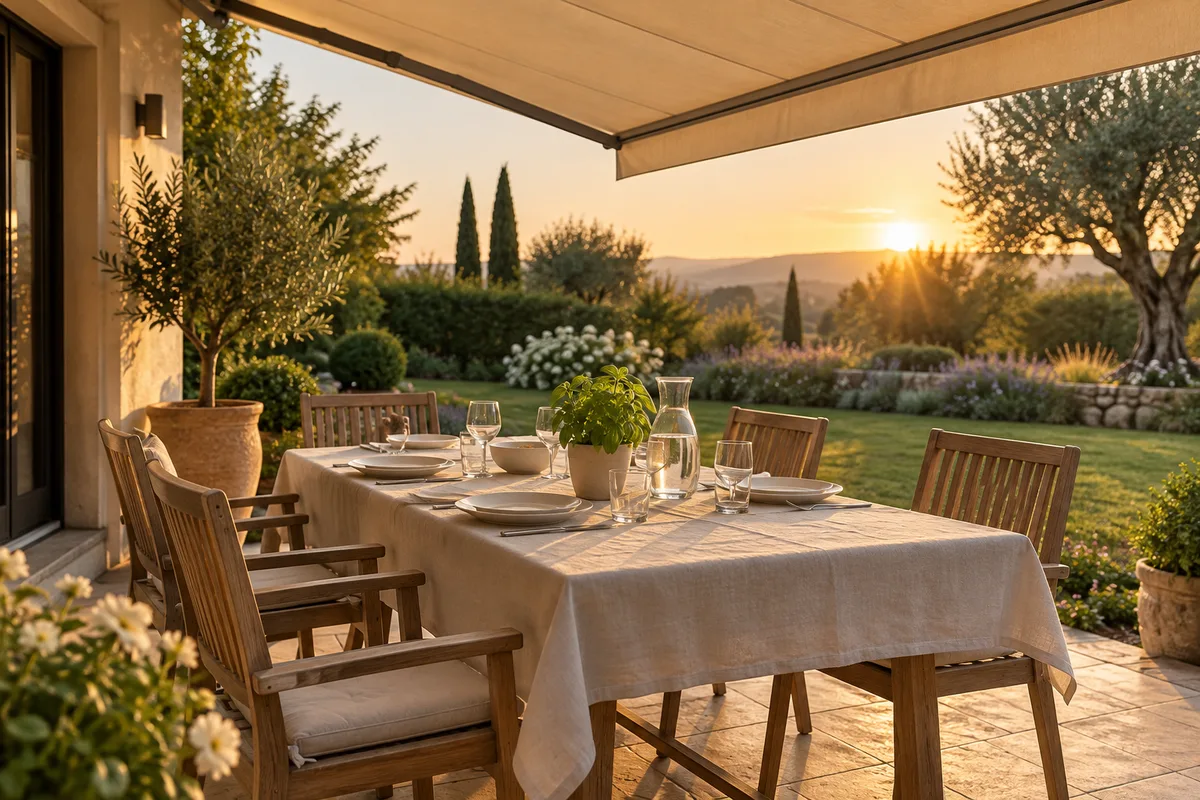 Terrasse de jardin en fin de journée avec table dressée sous un store banne déployé