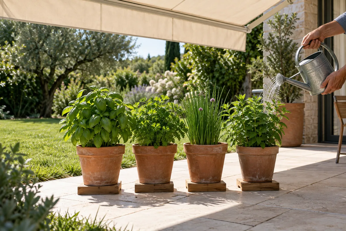 Pots d’herbes aromatiques en ombre partielle sous la toile d’un store banne
