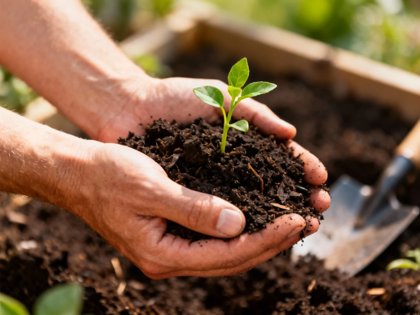 Mains tenant de la terre avec une jeune pousse